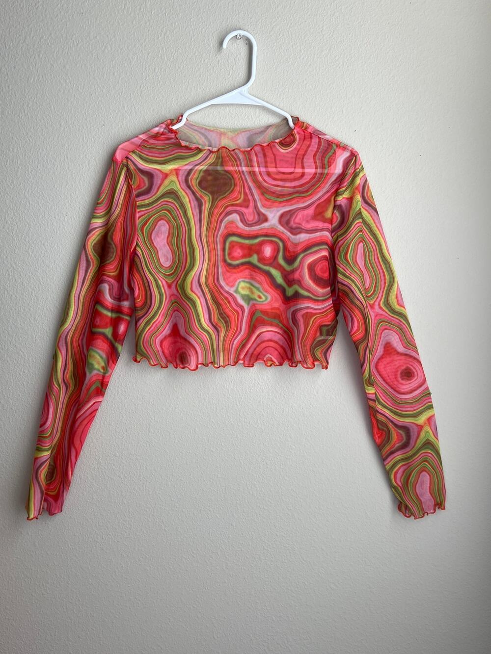 SHEIN Pink Lime Abstract Agate Geode Sheer Mesh Crop Top Lettuce Trim XL